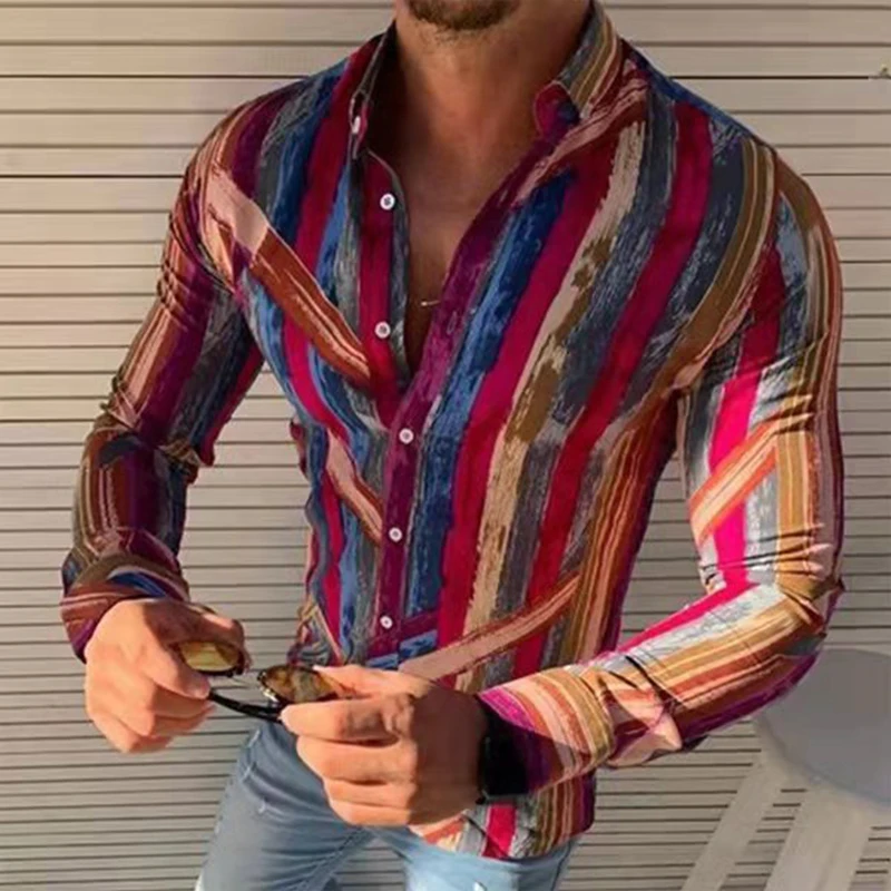 Red Новейшая Мужская мода полосатый цветной принт Slim Fit Shits Social бизнес нагрудные кнопки с длинным рукавом мужская блузка осенняя одежда - Цвет: Red