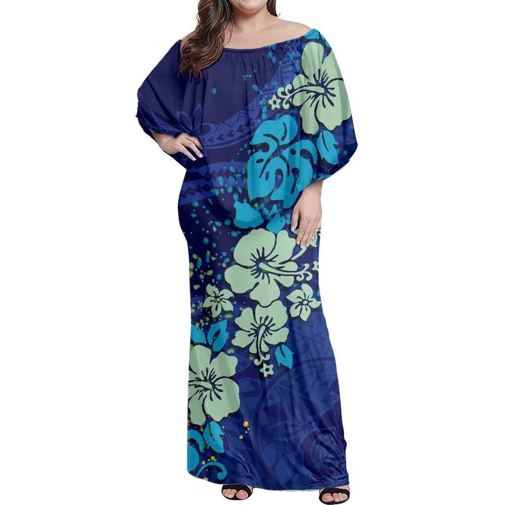 

The New Polynesian Women's Autumn Elegant Female blue Dress Samoa Hibiscus Print Women Ruffle Off-the-Shoulder Sexy Long Dress