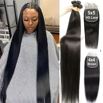 Straight Bundles With 6x6 Lace Closure 36 38 40 Inch Brazilian Hair With Closure Human Hair 3/4 Bundles With Closure Remy Hair 1