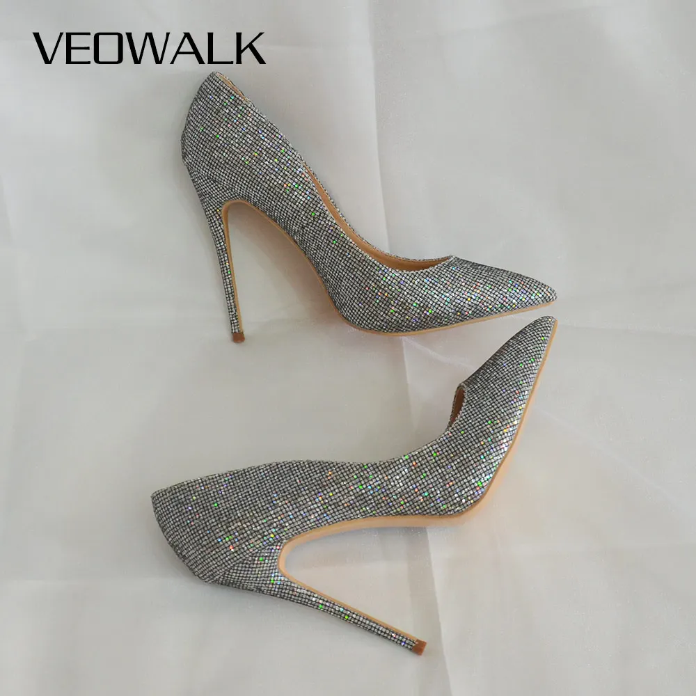 Veowalk/блестящие серебристые женские пикантные туфли лодочки на шпильке Женские