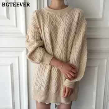 

BGTEEVER Vintage Oversized Full Sleeve Female Knitted Pullovers Winter O-neck Thicken Rhombus Twist Sweater Women Jumpers 2019