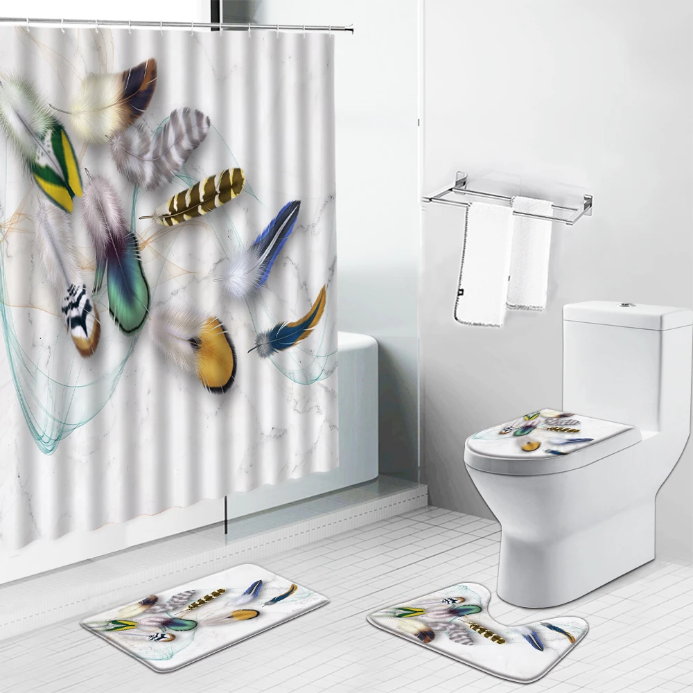 

Colorful Dream Feather Print Shower Curtain Chinese Style Peacocks Non-Slip Rug Toilet Lid Cover Carpet Mat Bathroom Curtain Set