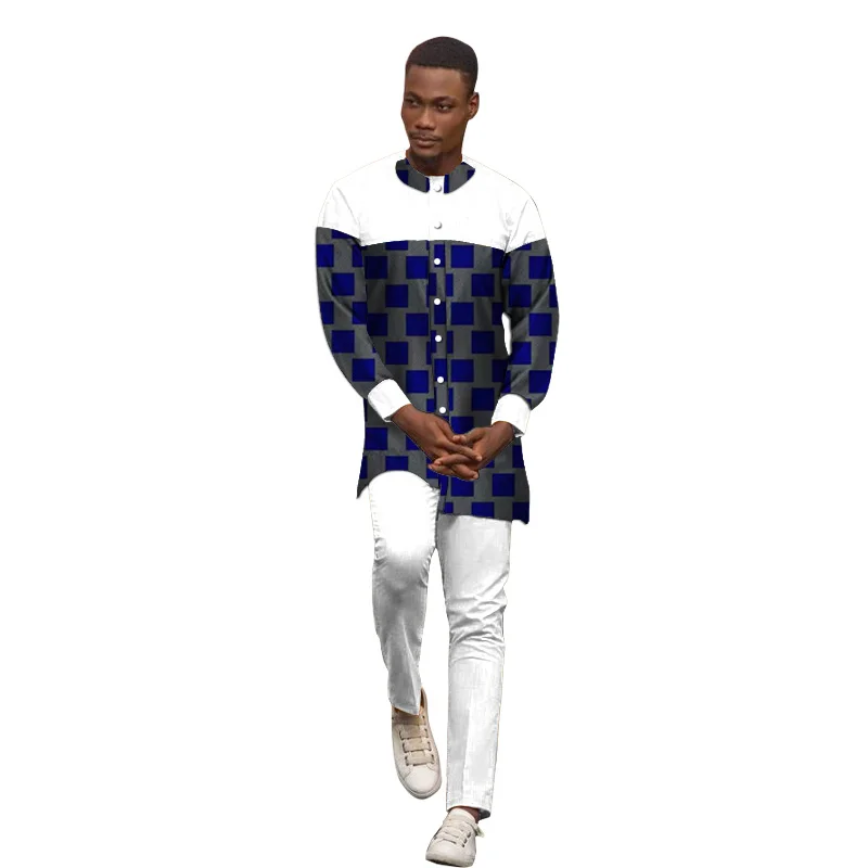 

Spring&autumn African casual suit for men white and print patchwork tops single breasted shirt+full length pants man's sets