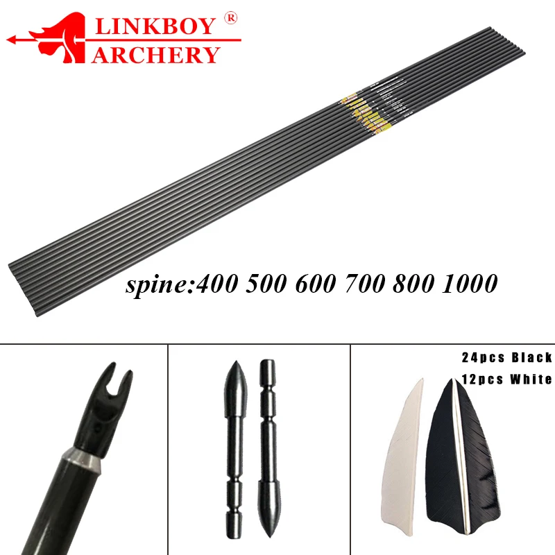 12pcs Linkboy Archery Arrow 100% pure carbon ID4.2mm Sp400-1000 3inch Turkey Vanes tips 80gr Recurve Bow Shooting
