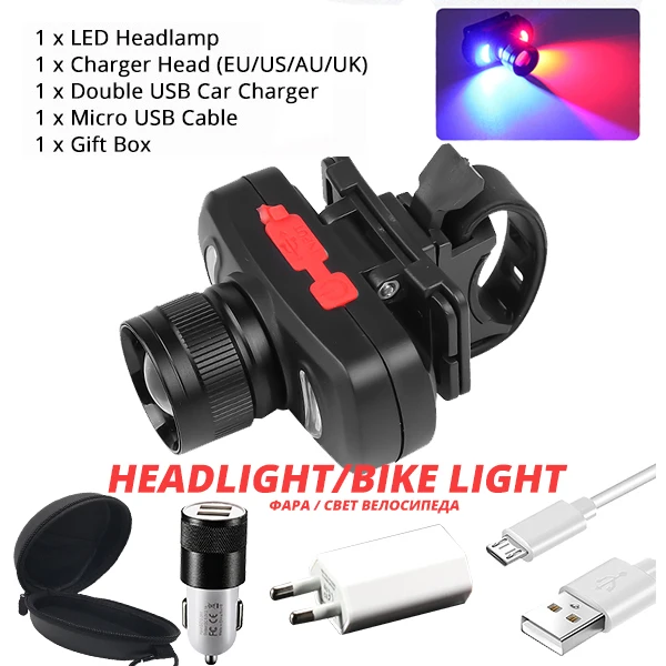 Package E Рыболовный светодиодный налобный фонарь для кемпинга USB велосипедная фара портативный красный синий белый свет водонепроницаемый налобный фонарь встроенный 18650 с Bycle клип - Испускаемый цвет: Package E