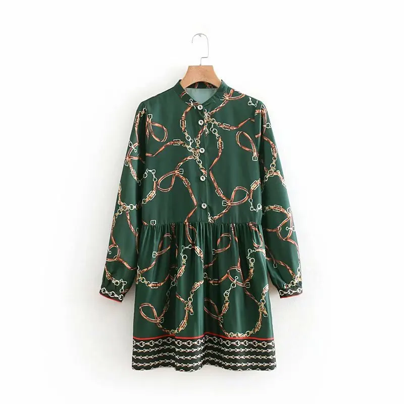 

Spring New Style Ozhouzhan WOMEN'S Dress Retro Chain Printed Long Sleeve Stand Collar Dress High-waisted Base Skirt