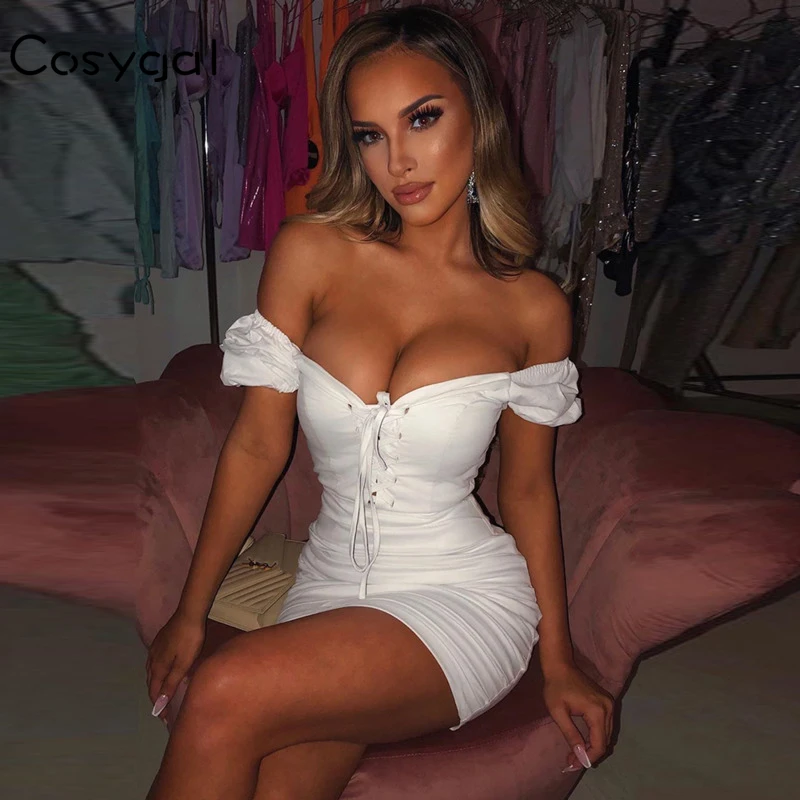Cosygal Cotton Off Shoulder Drawstring Tie Bandage Dress Women Pleated Bodycon Sexy Dresses Ruched Elegant Party Club Wear | Женская