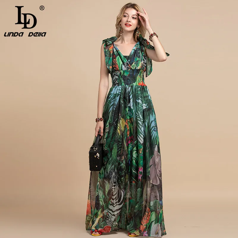 Ld Linda Della Zomer Fashion Runway Maxi Jurk Vrouwen V-hals Elastische Vintage Bloemen Print Holiday Boho Lange Jurk Plus size Ld Linda Della Zomer Fashion Runway Maxi Jurk Vrouwen V-hals Elastische Vintage Bloemen Print Holiday Boho Lange Jurk Plus size
