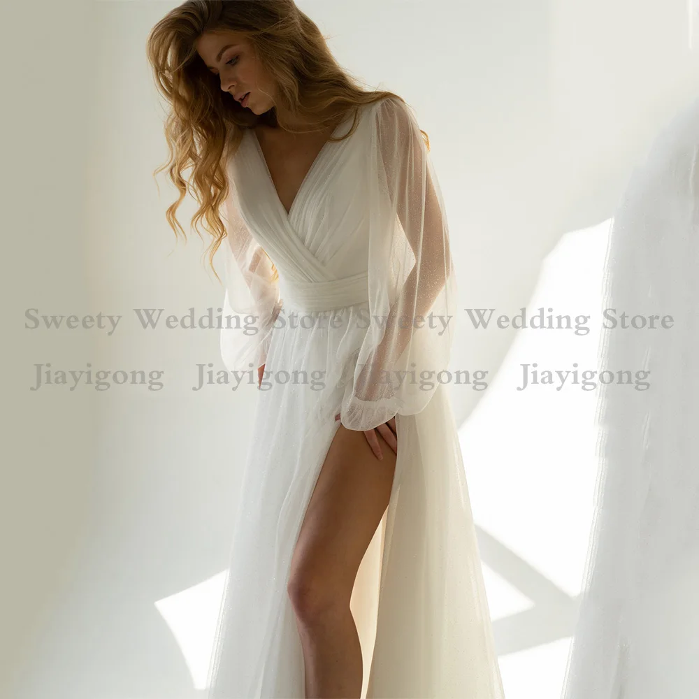 Jiayigong Glitter Tulle Wedding Dresses Women's Boho Bridal Gowns Long Sleeves V Neck Pleat Lace-up Corset  Dress 2022 5