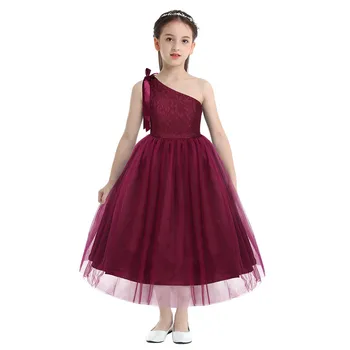 

Embroidered Floral Lace Kids Girls Princess Dress Little Bridesmaid DressOne Shoulder Bowknots Wedding Birthday Party Dress