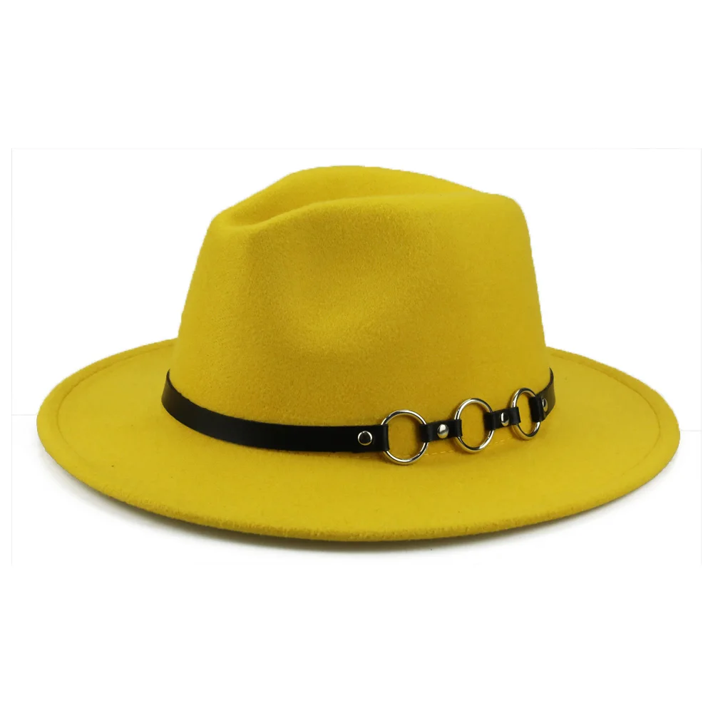YY металлические кольца ремень Fedora кепки женские зимние с широкими полями фетровые шляпы мужские винтажные Трилби Джаз кепки весенние шапочки FD19065 - Цвет: Yellow Felt Cap