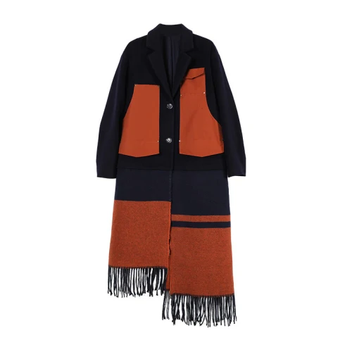 Navy Blue Дизайн AIGYPTOS, осенне-зимняя женская винтажная элегантная повседневная свободная шерстяная куртка с кисточками, лоскутное шерстяное пальто - Цвет: Navy Blue