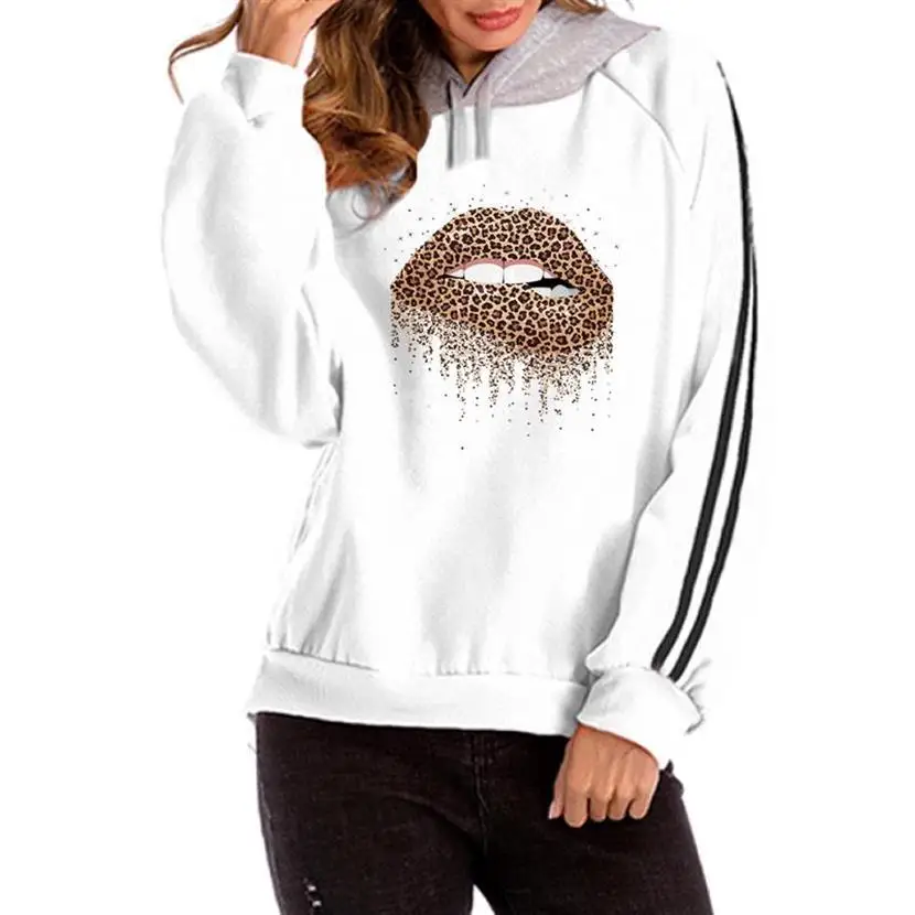 

Lips Cartoon Print Colorblock Hooded Casual Loose Hoodies For Women Kawaii Tops Women's Sweatshirt Frauen Hoody Harajuku Girls