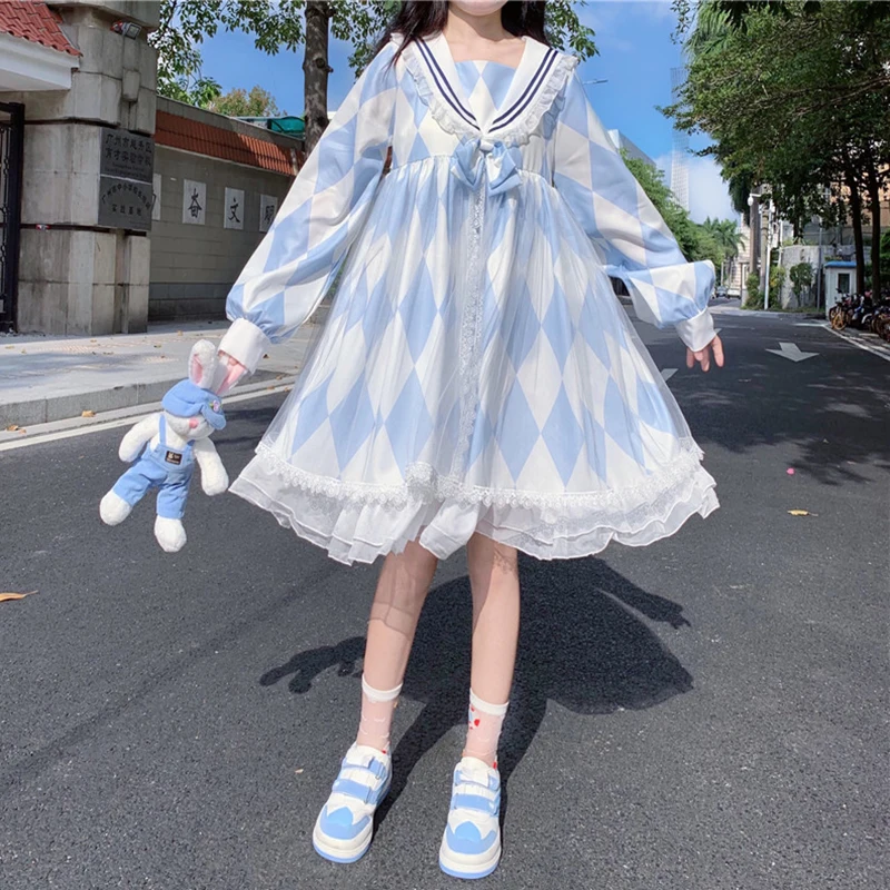 Lolita Dress Japanese Style Long-Sleeved Mesh Ruffle Female Vestido Kawaii Sweet Cosplay Loli SL3926 | Тематическая одежда и