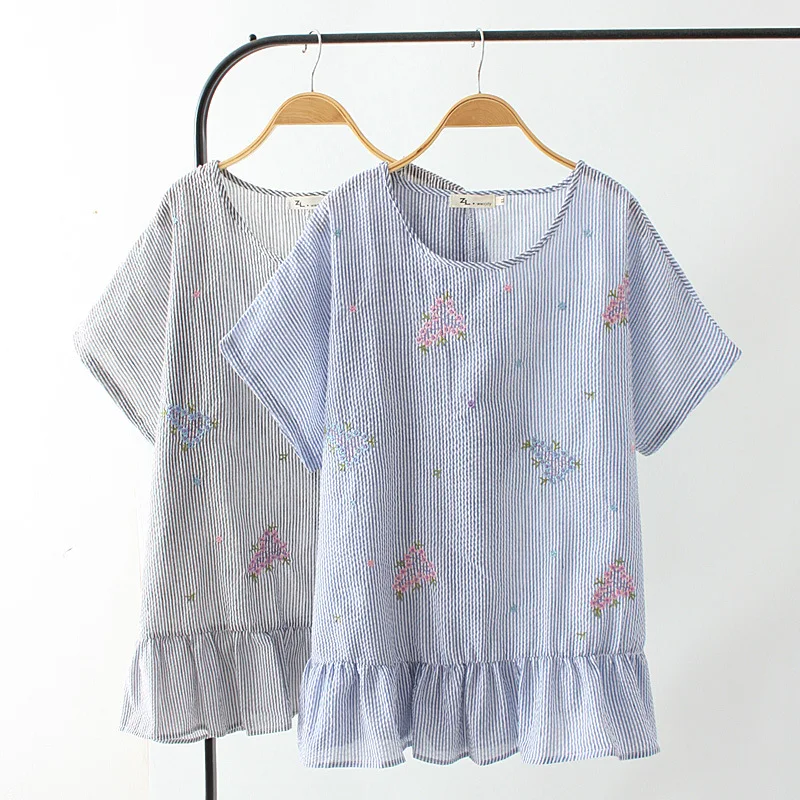 

Large Size Dress New Style Short-sleeved Top Plus-sized Fat Mm Korean-style Crew Neck Hem Flounced Stripes Embroidery T-shirt