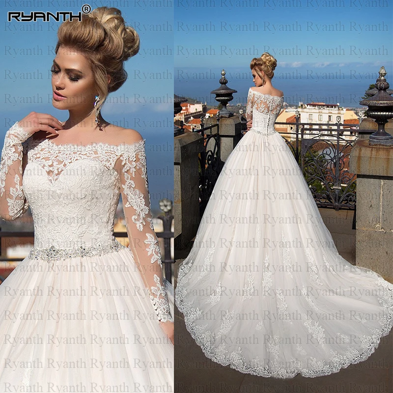 Размера плюс Vestidos de Noiva сексуальное платье с открытыми плечами одежда с длинным рукавом, кружевное платье А-силуэта с свадебное платье индивидуальный заказ Vestido de Noiva