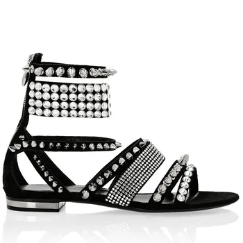 

Leather Spikes Studs Strap Sandals Rivets Gladiator Flats Crystal Summer Woman Sandalias Shiny Rhinestone Contrast Color Suede