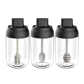 

3 Pcs Seasoning Bottles Set Glass Condiment Storage Containers Condiment Pot Spice jar with Spoon Honey Pot Oil Brush Bottle