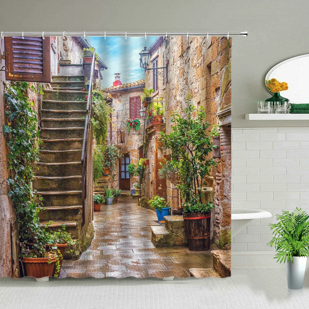 Flowers Spring Scenery Bathroom Set Shower Curtain Street Red Pink Flower Retro Design Garden Wall Decoration Hanging Curtains - Image 5