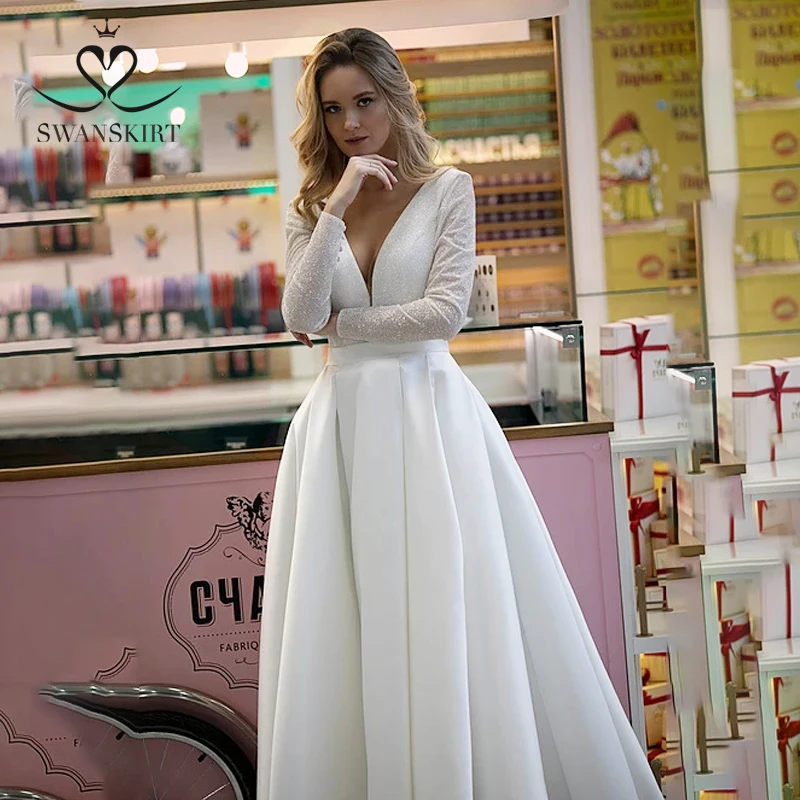 Stunning Satin Wedding Dress SwanSarah HZ32 Simple V-neck Long Sleeve A-Line Princess Bride Gown Customized Vestido De Novia | Свадьбы и