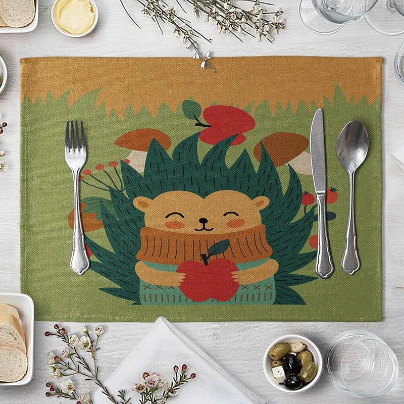 

Animal Pattern Placemat Cartoon Bear Elk Squirrel Printing Table Napkin Placemat Kitchen Coasters Decoration Dining Accessories