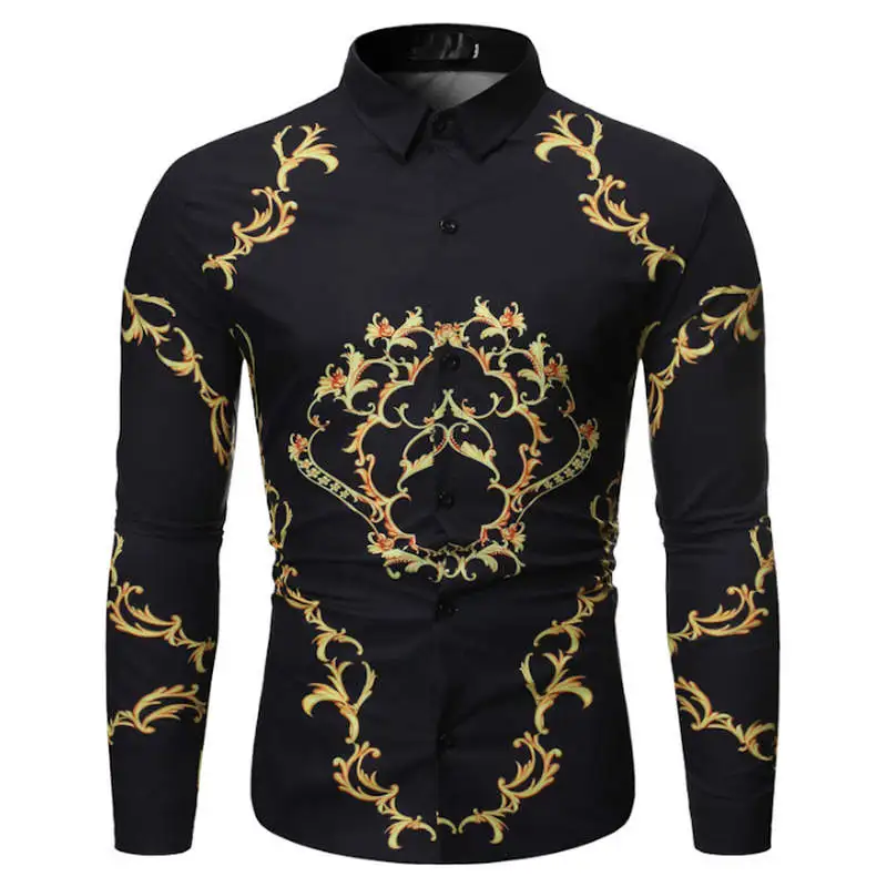 Золотая черная рубашка мужская новая приталенная с длинным рукавом Camisa Masculina Золотая черная сорочка мужская, для общественных мест Мужская Клубная рубашка для выпускного вечера - Цвет: TX43 black