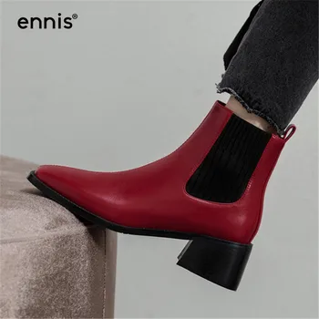 

ENNIS New Arrival 2020 Women's Chelsea Boots Genuine Leather Ankle Boots Chunky Heel Red Boots Square Toe Autumn Shoes A0244