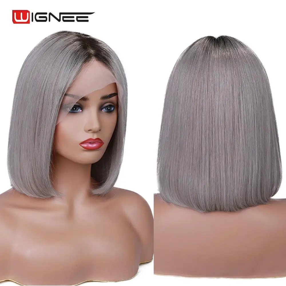 Wignee Ombre Pink/Grey/613 Blonde Bob Human Hair Wigs For Black Women Bleached Knots Short Straight Virgin Hair Lace Human Wigs