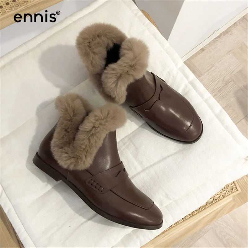 ENNIS/Новые теплые зимние ботинки женские зимние ботинки из натуральной кожи на плоской подошве кожаная обувь на натуральном меху модная плюшевая обувь без шнуровки A9344