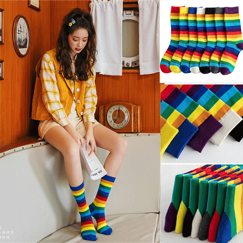 Rainbow- Funny Socks- Best Quality Cotton Athletic Sport Colorful Crew Socks