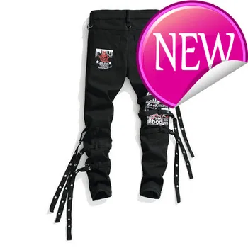 

skull letters Men's printed black jeans Trendy slim fit straight denim pants