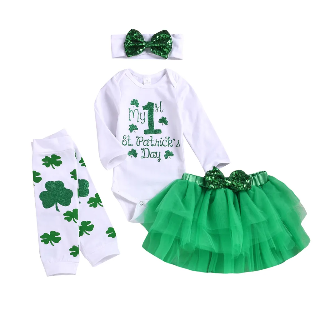 B Одежда для новорожденных девочек Комбинезон с надписью «My First St. Patrick's Day»+ кружевная юбка-пачка+ гетры+ повязка на голову - Цвет: B