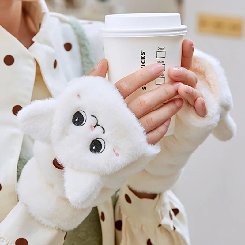 Winter Warm Plush Rabbit Catoon Cat Fur Knit Mittens Women Flip Half finger Gloves Thick Cute Cat Touchscreen Gloves 1Pair