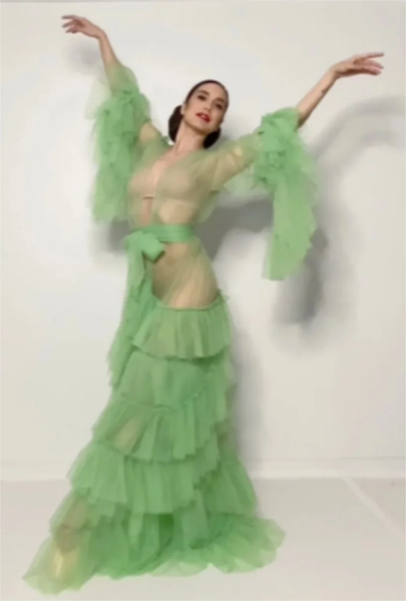 

Мятно-зеленый ночной халат с длинными рукавами, многослойные вечерние пижамы с разрезом и оборками, ночнушки в пол по индивидуальному заказу, халаты