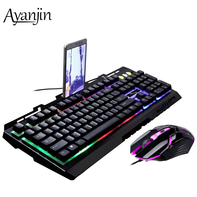 RGB разноцветный держатель для телефона проводная клавиатура мышь набор игровая с