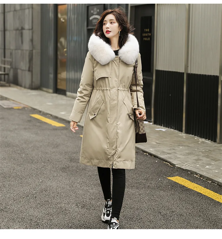 Женский пуховик средней длины,, стиль, белый утиный пух, корейский стиль, большой меховой воротник, Свободное пальто, внутренняя одежда