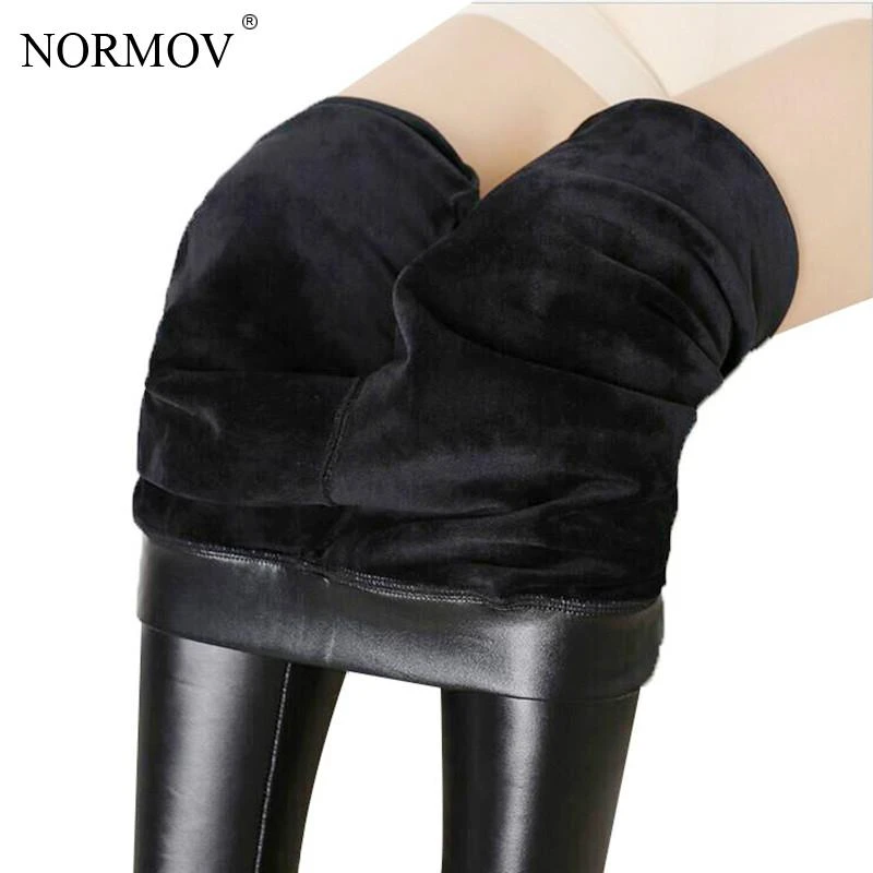 NORMOV Women Thick Leather Leggings Winter Black High Waist Warm Legging Women Plus Velvet Fashion Pu Leather Legging Femme yoga leggings