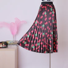 Qooth Женская длинная юбка, летние юбки, весна, роскошная плиссированная юбка с вишневым принтом, высокая талия, цветочный принт, новинка, Saia QH2176