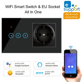

EU Standard 10A WiFi Touch Switch 1/2/3 Gang EU Socket Crystal Glass Panel Wall Smart Switch Work With Google Home Alexa IFTTT