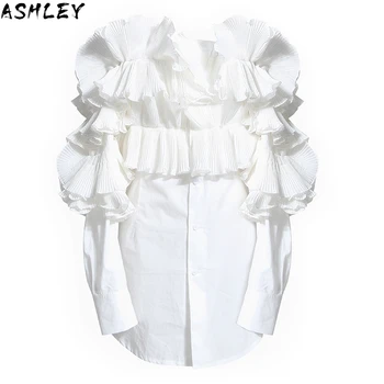

New Spring 2020 Autumn Slash Neck Long Sleeve White Ruffles Split Joint Loose Temperament Shirt Women Blouse Fashion
