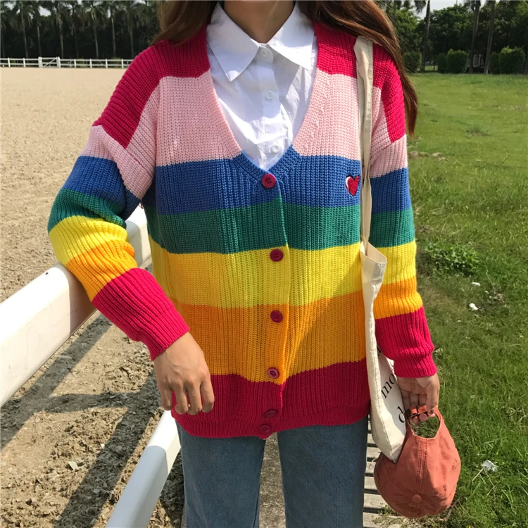 Женский свитер Kawaii Ulzzang, Радужный полосатый кардиган с вышитыми буквами, вязаные женские свитера в стиле Харадзюку для женщин