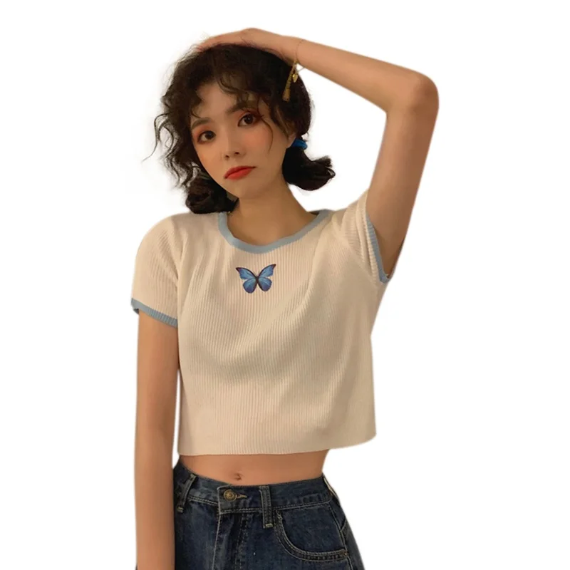 

Korean Butterfly Embroidery Slim Tshirt Summer O-Neck Short Sleeve Simple T-shirts for Women Harajuku Kawaii Short Tshirt