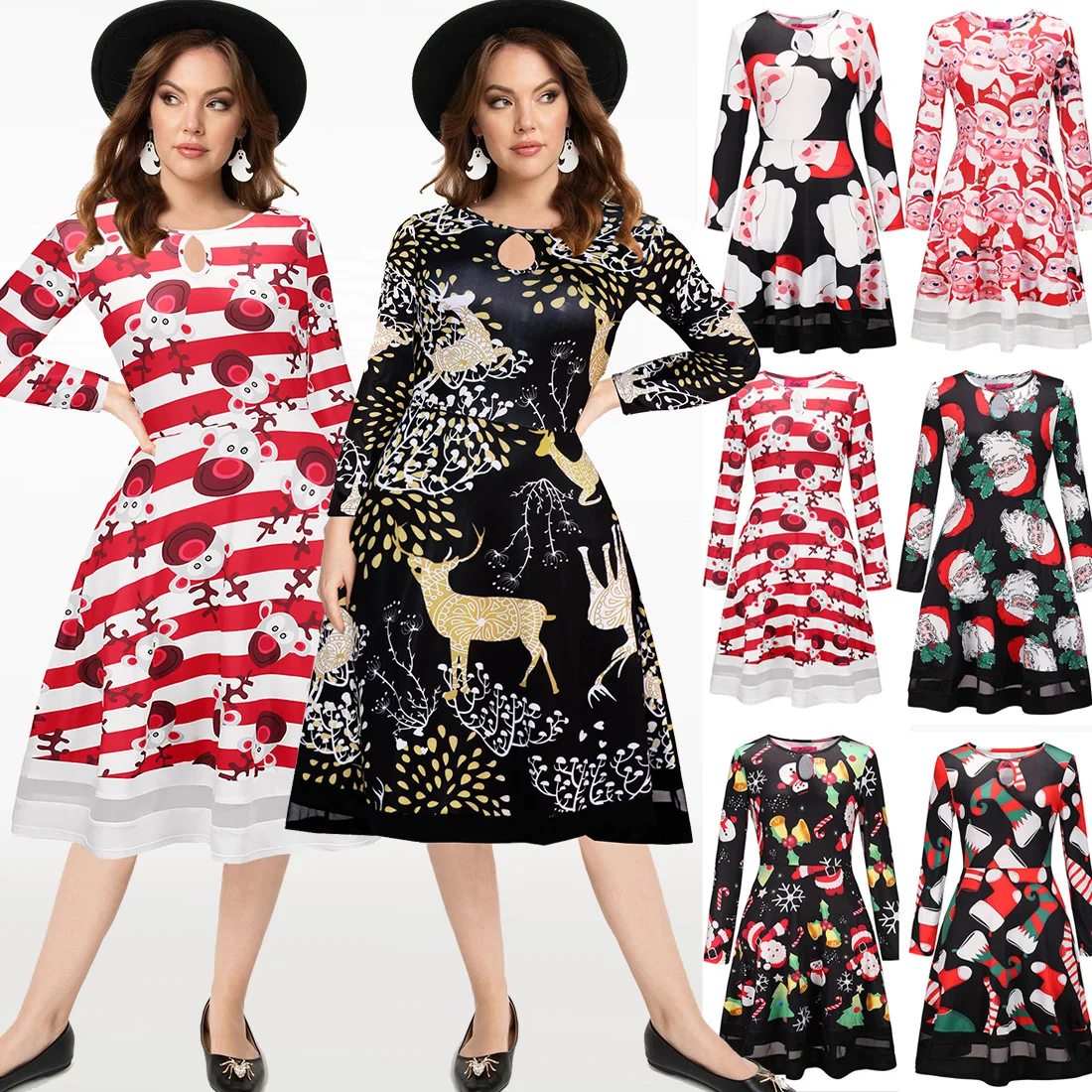 

iMucci Christmas Prints A-line Dress For Women Retro Print Long Sleeve Elegant Vestidos 2020 O-Neck Slim Ladies Party Clothing