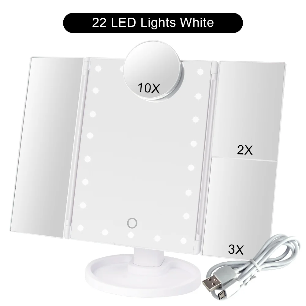 22 светодиодный светильник зеркало для макияжа с сенсорным экраном косметическое зеркало 1X/2X/3X/10X увеличительное гибкое косметическое регулируемое двойное питание - Цвет: WH 22 Light Set C