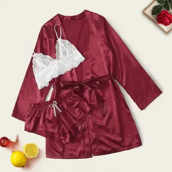 

3PC Satin Women Nightwear Robe Sets Sexy Lace Wireless Bra Bow Shorts Sleepwear Solid Nightgowns Roupa Para Dormir 2020 New YE