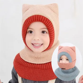 

2019 Knit Hooded Scarf Kids Hat And Scarf Child With Mask Winter Warm Protection Ear Cap Circulal Scarves Girls Boy Accessories