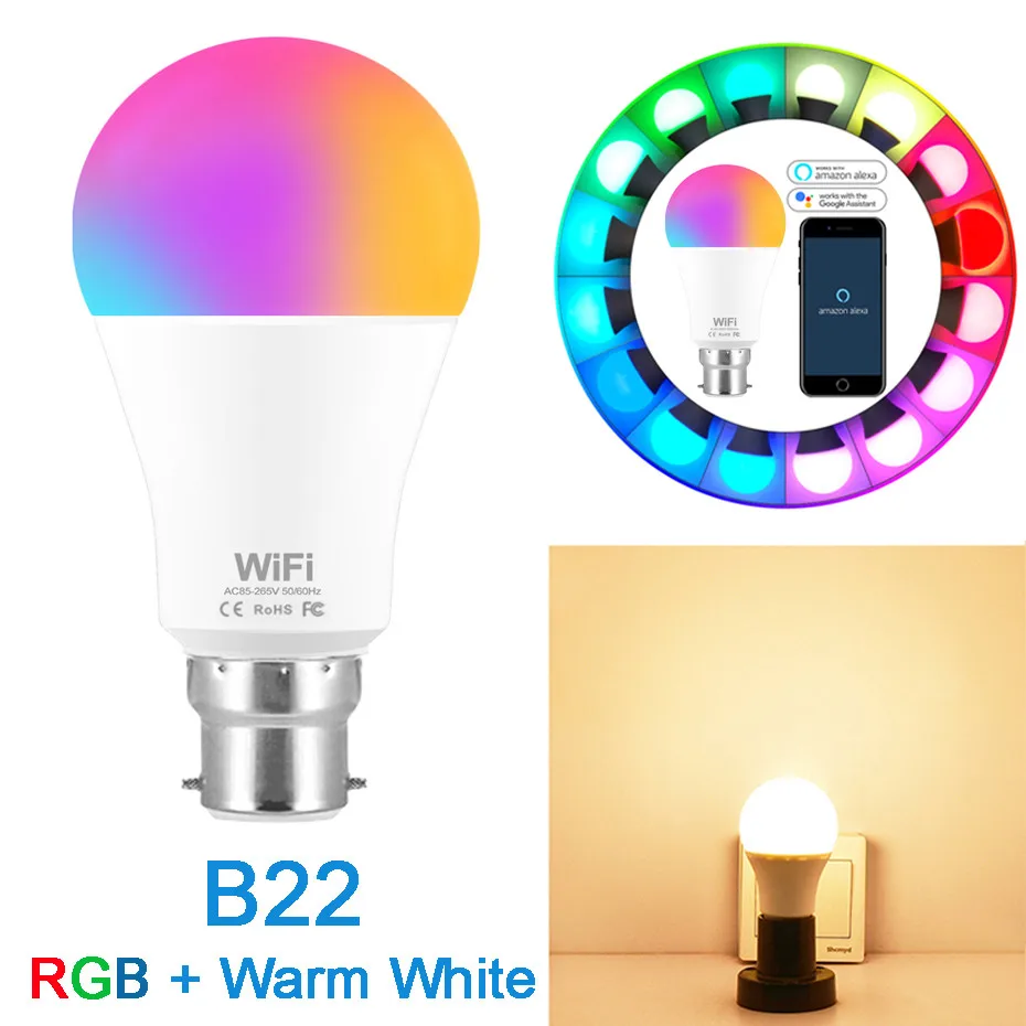 B22 RGB Warm White 15 Вт WiFi многоцветный светодиодный светильник E27/B22 AC85-265V с регулируемой яркостью приложение дистанционное управление домашний ночник работает с Alexa и Google Assistant - Испускаемый цвет: B22 RGB Warm White