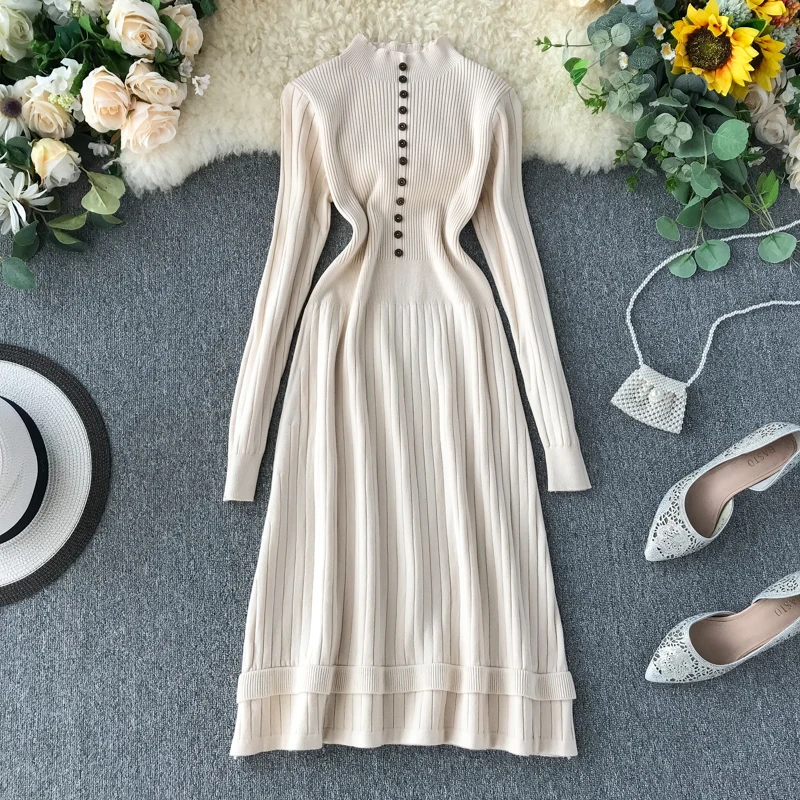 ALPHALMODA французский стиль винтажное женское однобортное ТРАПЕЦИЕВИДНОЕ вязаное платье с длинными рукавами тонкое расклешенное Женское зимнее ретро платье
