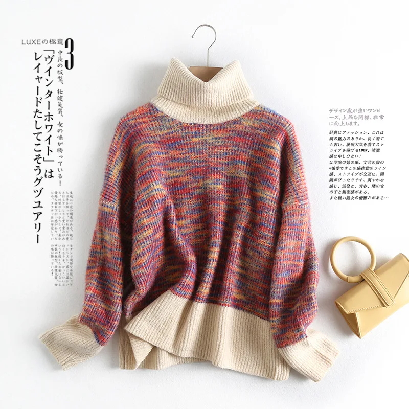 

winter new turtleneck retro pullover women's knitted sweater thread color thick wool coat wearing trend women's sweater