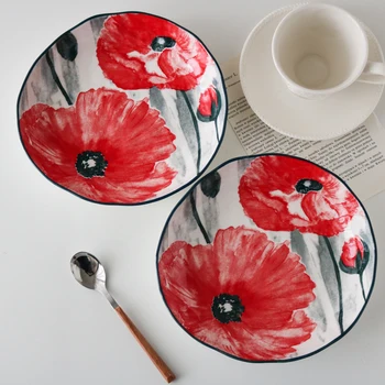 

Red Poppies Irregular Ceramic Plates/Salad Bowls